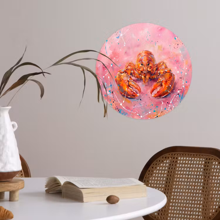 Zeeleven - Kreeft - Spatters - Abstract - Roze Wandcirkel behangsticker klein -sfeer3