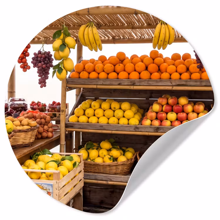 Wallpaper Circle - Market Stall - Fruit - Fresh - Marktkraam - Fruit - Vers Wandcirkel behangsticker klein