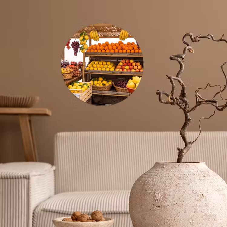Wallpaper Circle - Market Stall - Fruit - Fresh - Marktkraam - Fruit - Vers Wandcirkel behangsticker klein