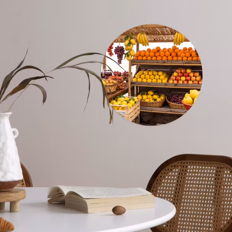 Wallpaper Circle - Market Stall - Fruit - Fresh - Marktkraam - Fruit - Vers Wandcirkel behangsticker klein