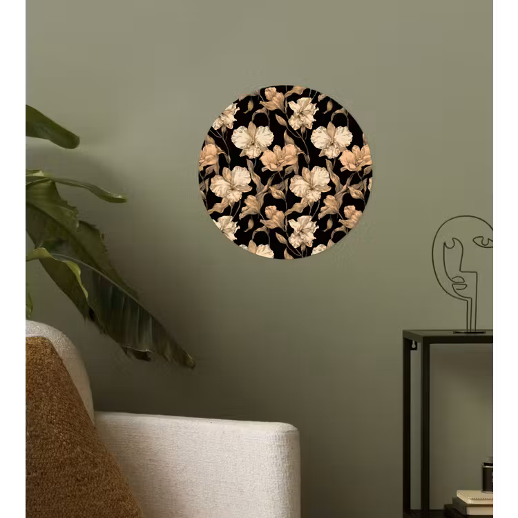 Orchideeën - Lijntekening - Patroon - Beige - Zwart Wandcirkel behangsticker klein 186 -sfeer2