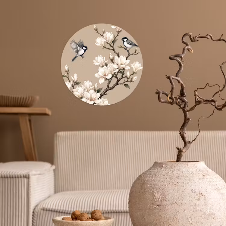 Oosters - Vogels - Beige Wandcirkel behangsticker klein -sfeer1