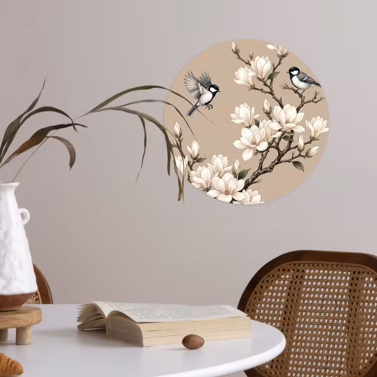 Oosters - Vogels - Beige Wandcirkel behangsticker klein -sfeer3