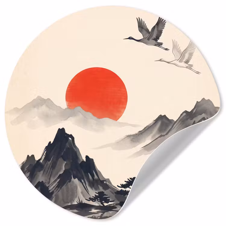 Oosters - Kraanvogels - Landschap Wandcirkel behangsticker klein -3d