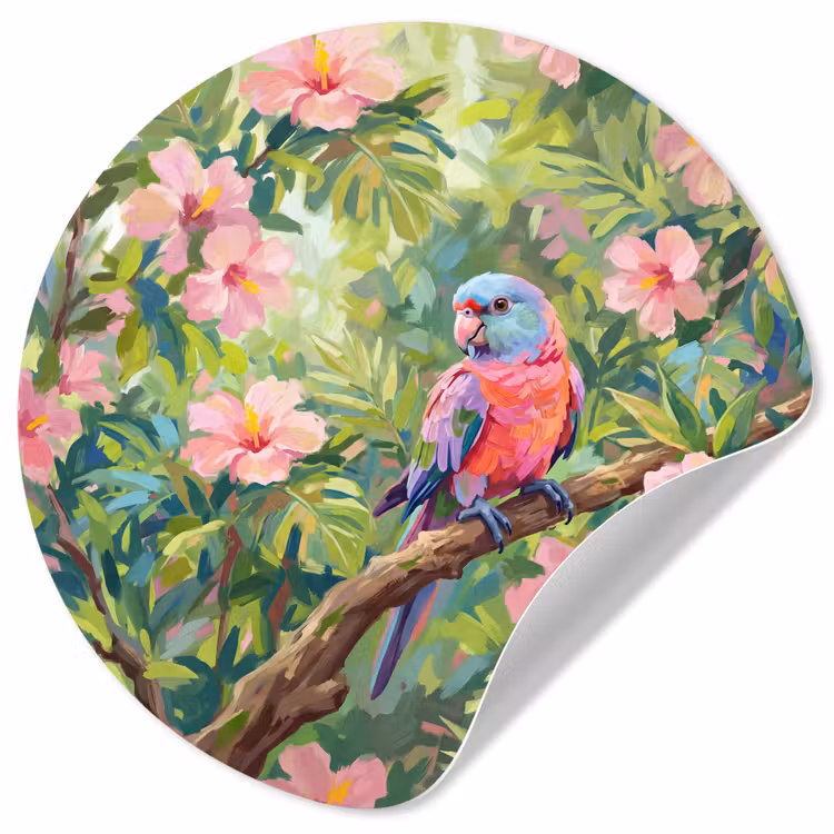 Papagaai - Hibiscusbloemen - Kleurrijk Wandcirkel behangsticker klein -3d