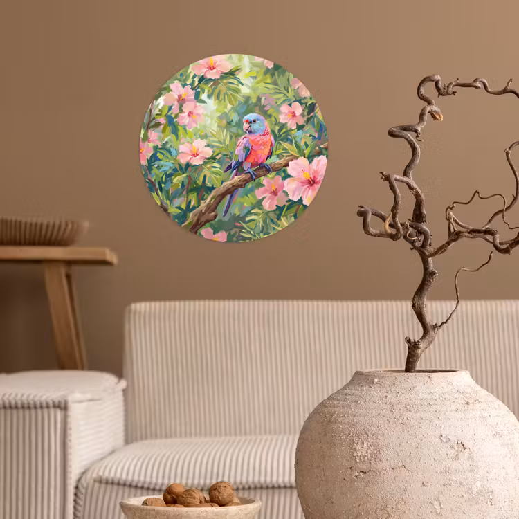 Papagaai - Hibiscusbloemen - Kleurrijk Wandcirkel behangsticker klein -sfeer1