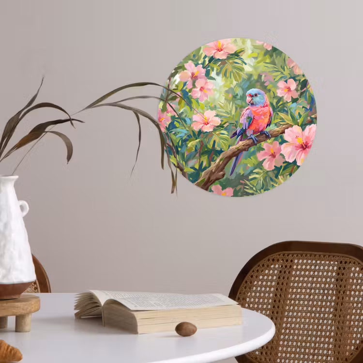 Papagaai - Hibiscusbloemen - Kleurrijk Wandcirkel behangsticker klein -sfeer3