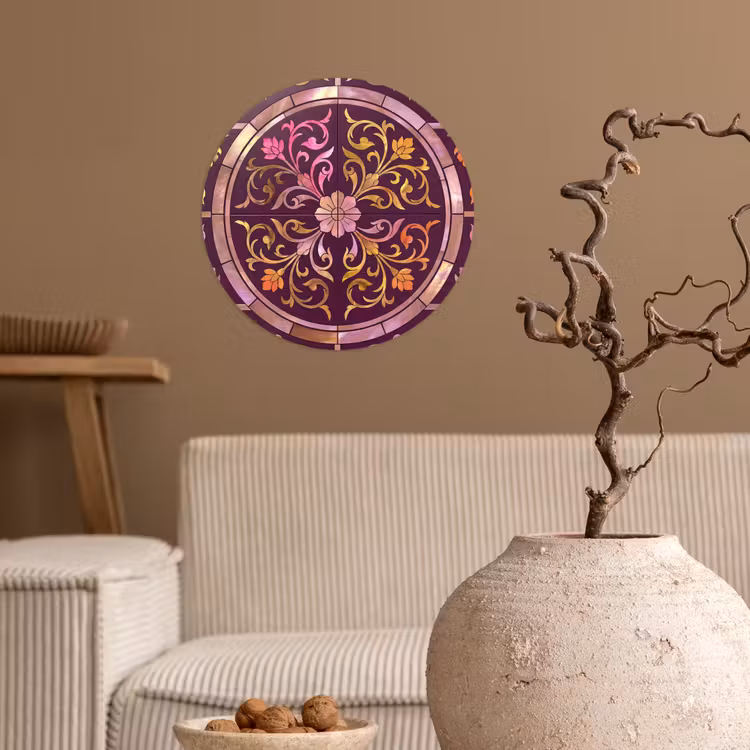 Patroon - Floraal - Oosters - Paars - Goud Wandcirkel behangsticker klein -sfeer1