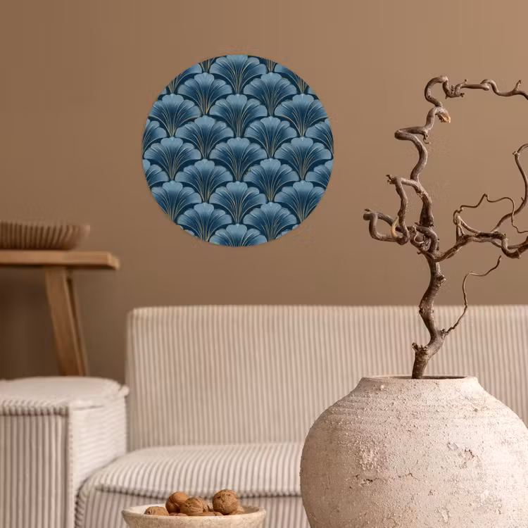 Patroon - Ginkgoblad - Blauw Wandcirkel behangsticker klein 186 -sfeer1