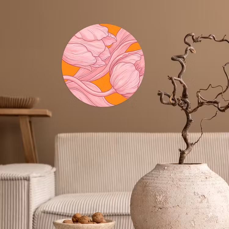 Wallpaper Circle - Pink Flowers - Modern - Roze bloemen - Modern Wandcirkel behangsticker klein