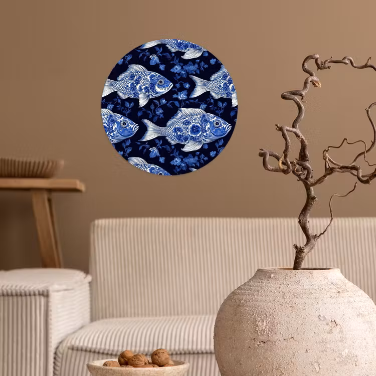 Vissen - Bloemen - Blauw Wandcirkel behangsticker klein 186 -sfeer1
