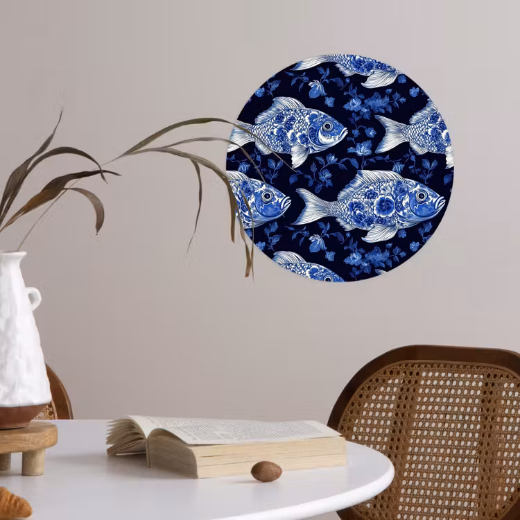 Vissen - Bloemen - Blauw Wandcirkel behangsticker klein 186 -sfeer3