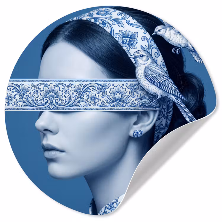 Portret - Klassiek - Wit - Blauw Wandcirkel behangsticker klein -3d