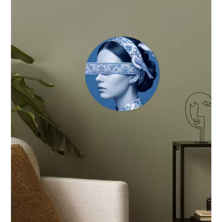 Portret - Klassiek - Wit - Blauw Wandcirkel behangsticker klein -sfeer2