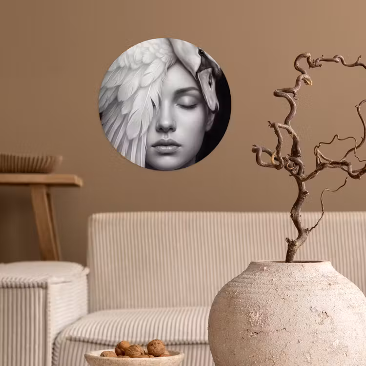 Portret - Zwaan - Zwart - Wit Wandcirkel behangsticker klein -sfeer1