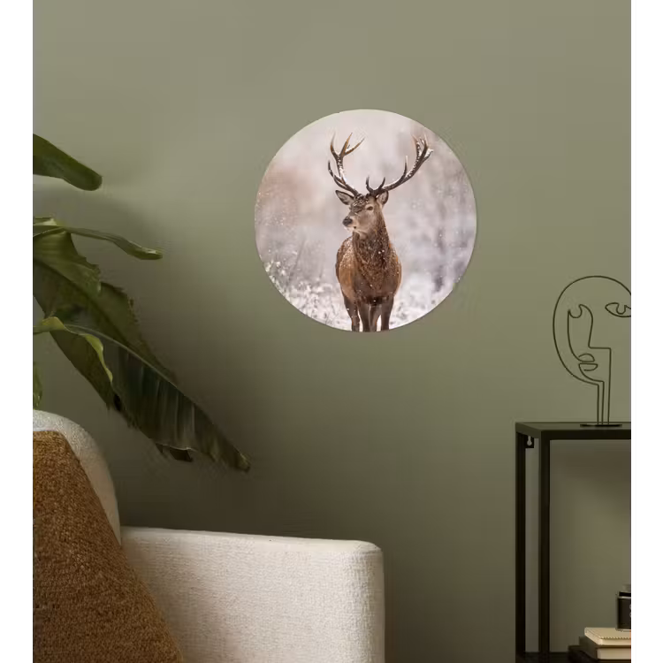 Edelhert - Bos - Sneeuw - Winter - Majestueus Wandcirkel behangsticker klein -sfeer2