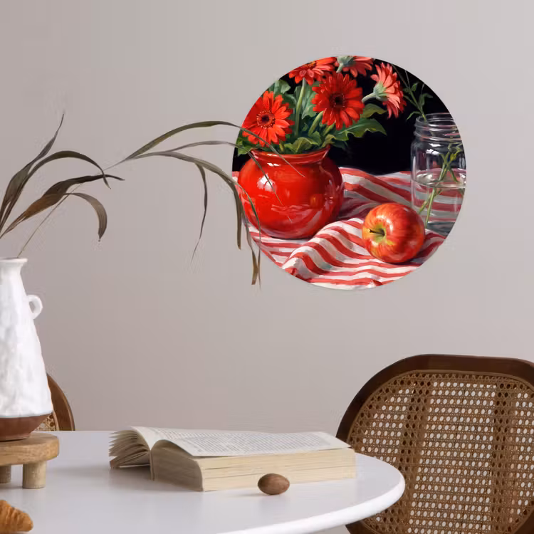 Wallpaper Circle - Red Flowers - Vase - Rode bloemen - Vaas Wandcirkel behangsticker klein