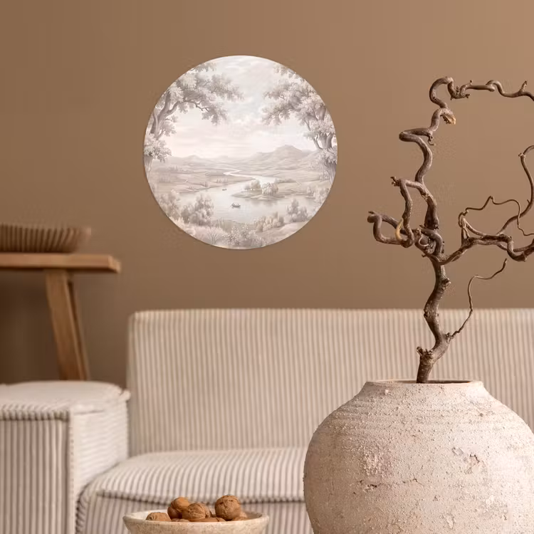 Rivierlandschap - Bergen - Natuur - Vintage - Beige Wandcirkel behangsticker klein -sfeer1