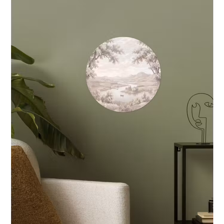 Rivierlandschap - Bergen - Natuur - Vintage - Beige Wandcirkel behangsticker klein -sfeer2