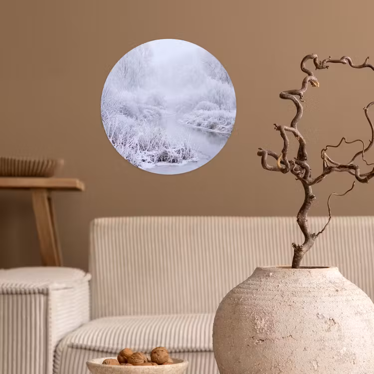 Rivier - Sneeuw - Bos - Winter - Schilderachtig Wandcirkel behangsticker klein -sfeer1