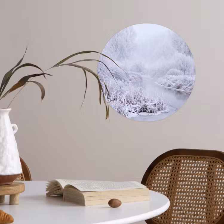 Rivier - Sneeuw - Bos - Winter - Schilderachtig Wandcirkel behangsticker klein -sfeer3
