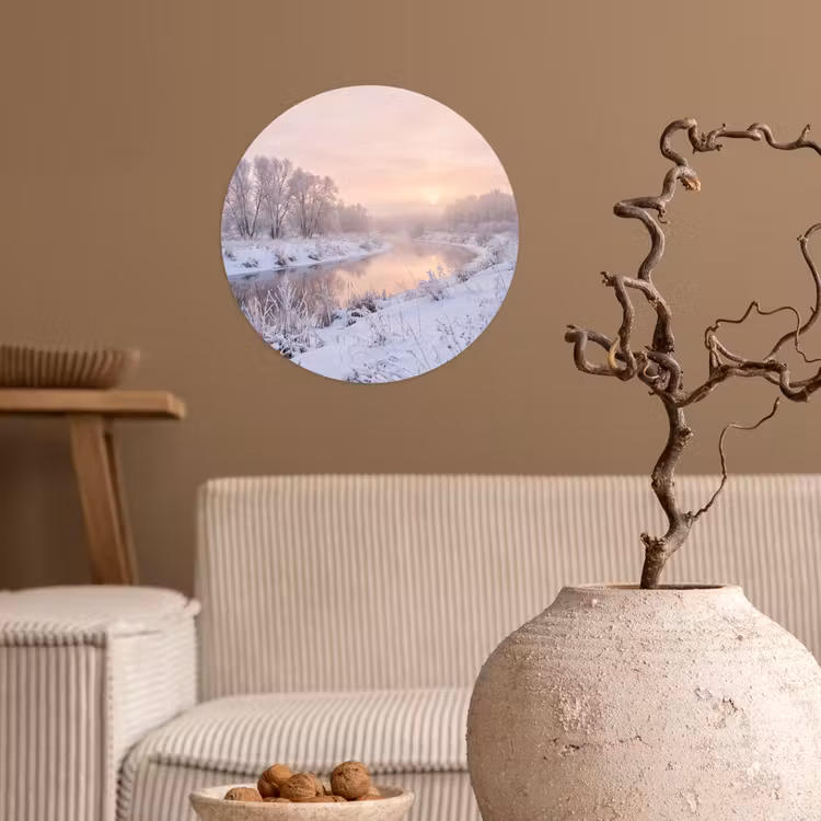 Rivier - Winter - Landschap - Sneeuw - Zonsopgang Wandcirkel behangsticker klein -sfeer1