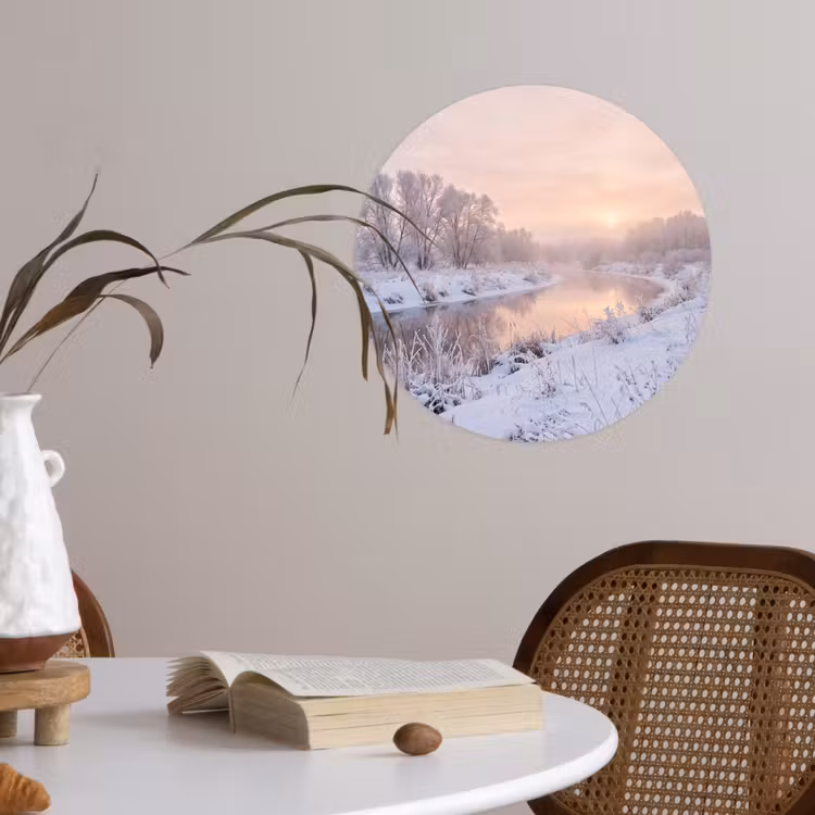 Rivier - Winter - Landschap - Sneeuw - Zonsopgang Wandcirkel behangsticker klein -sfeer3