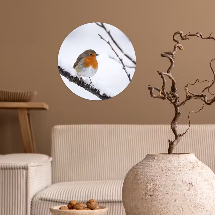 Roodborstje - Tak - Sneeuw - Winter - Levendig Wandcirkel behangsticker klein -sfeer1