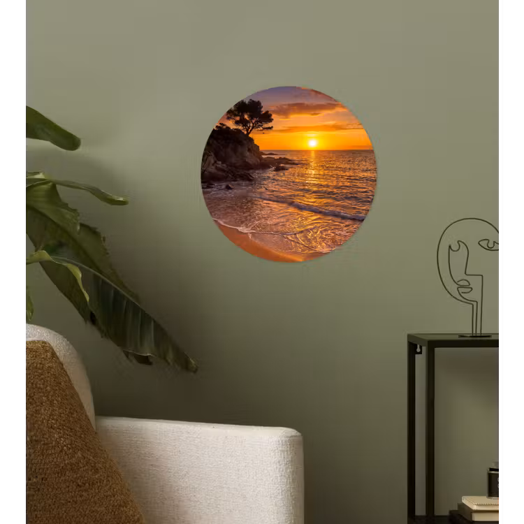 Zee - Kust - Zonsondergang - Natuur - Oranje Wandcirkel behangsticker klein -sfeer2