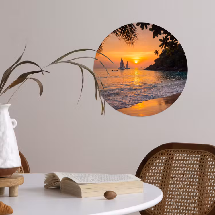 Zee - Zonsondergang - Boot - Natuur - Oranje Wandcirkel behangsticker klein -sfeer3
