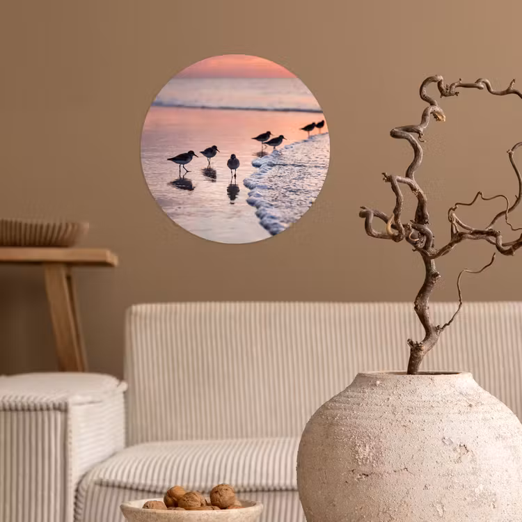 Meeuwen - Strand - Zee - Roze Wandcirkel behangsticker klein -sfeer1
