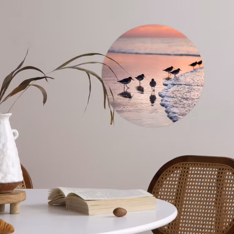 Meeuwen - Strand - Zee - Roze Wandcirkel behangsticker klein -sfeer3