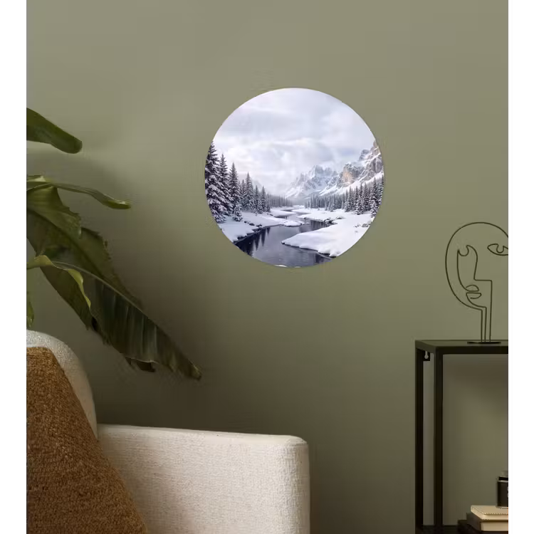 Sneeuwlandschap - Bergen - Rivier - Winter Wandcirkel behangsticker klein -sfeer2
