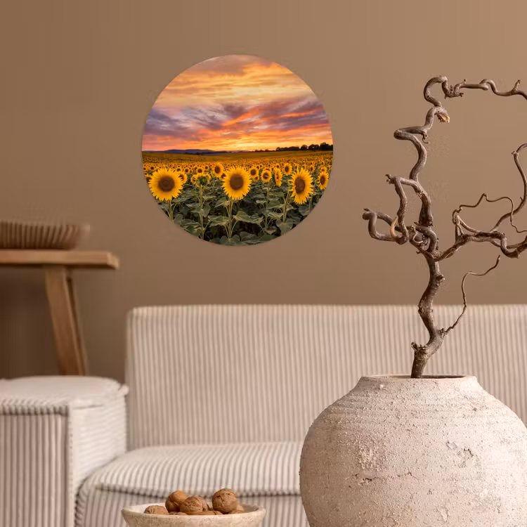 Zonnebloemen - Heuvellandschap - Geel Wandcirkel behangsticker klein -sfeer1