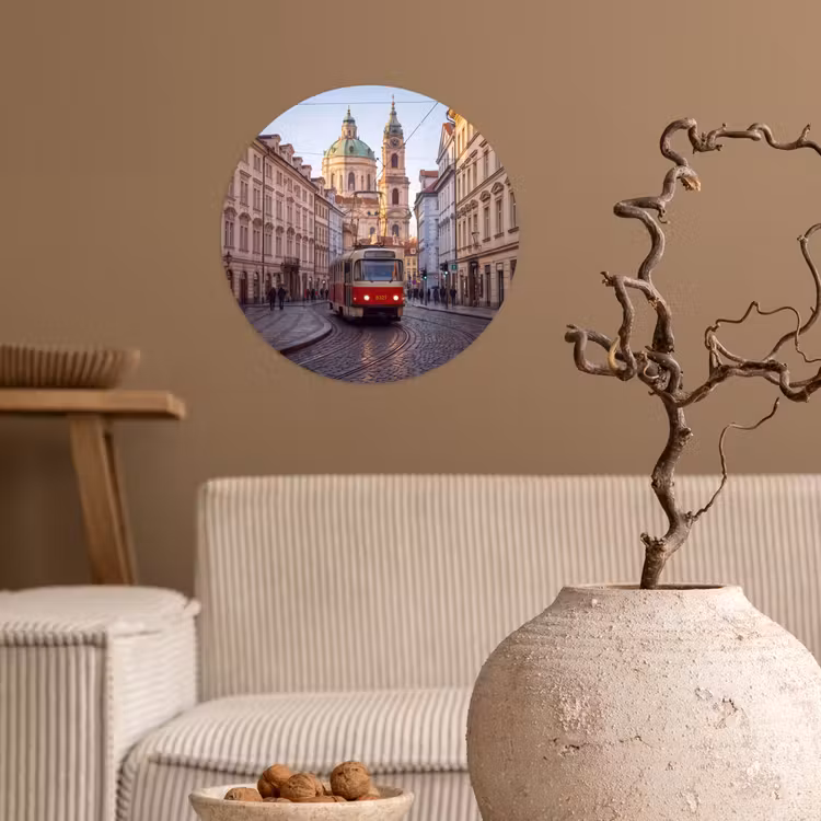 Tram - Straat - Stadsgezicht - Klassiek - Rood Wandcirkel behangsticker klein -sfeer1