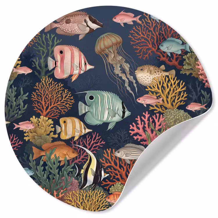 Onderwaterwereld - Vissen - Koraal - Illustratie - Kleurrijk Wandcirkel behangsticker klein -3d