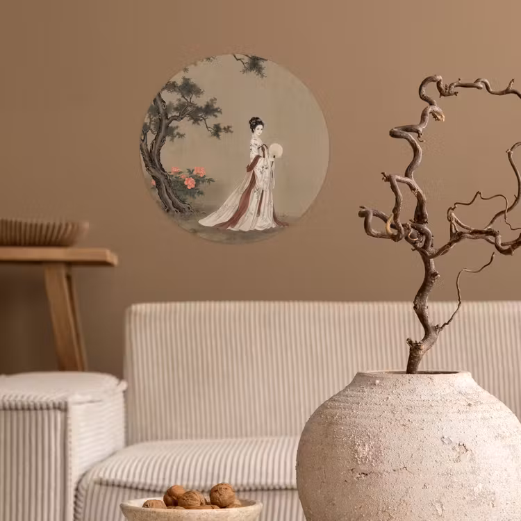 Vrouw - Azië - Kunst - Beige Wandcirkel behangsticker klein -sfeer1