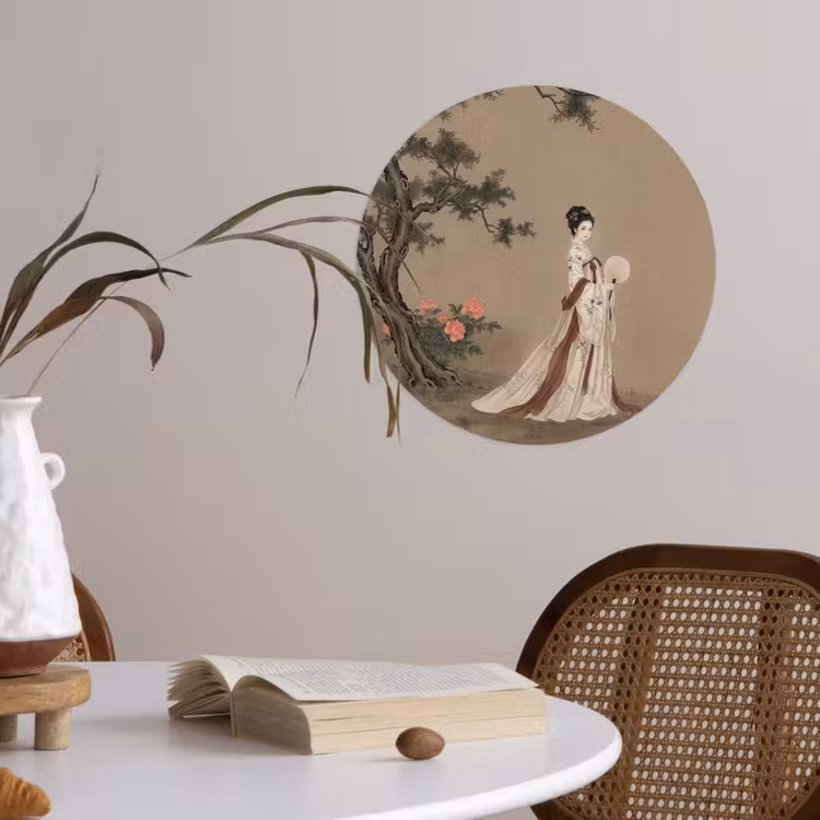Vrouw - Azië - Kunst - Beige Wandcirkel behangsticker klein -sfeer3