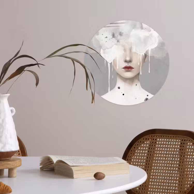 Vrouw - Wolk - Grijs Wandcirkel behangsticker klein -sfeer3