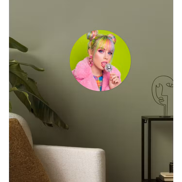 Vrouw - Kleurrijk haar - Pop art - Modern - Levendig Wandcirkel behangsticker klein -sfeer2