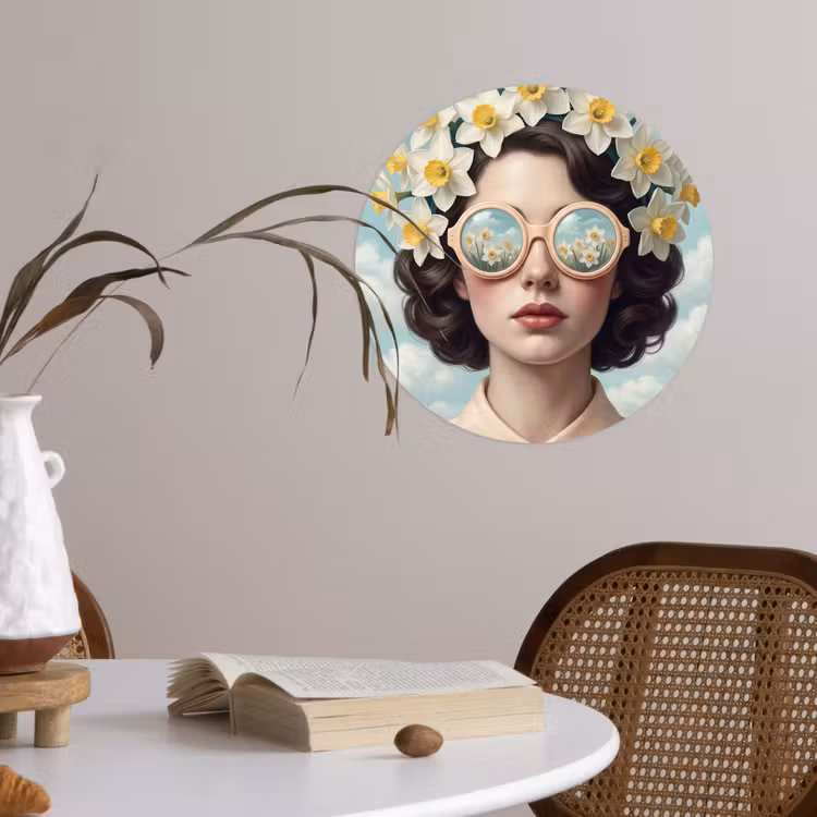 Vrouw - Narcissen - Geel Wandcirkel behangsticker klein -sfeer3