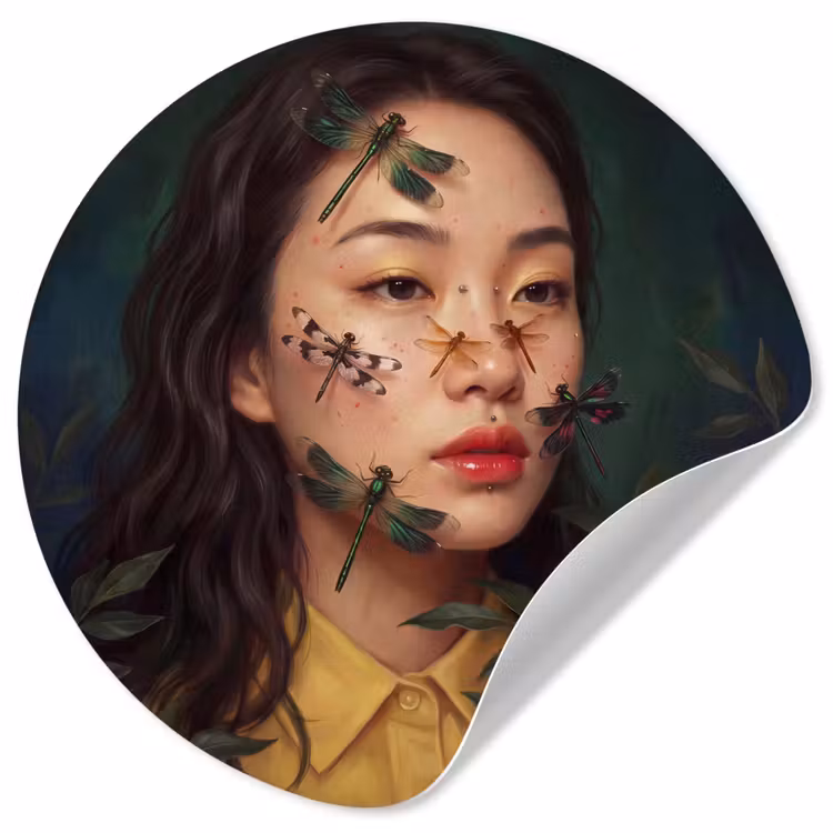 Vrouw - Insecten - Natuur - Portret - Groen Wandcirkel behangsticker klein -3d