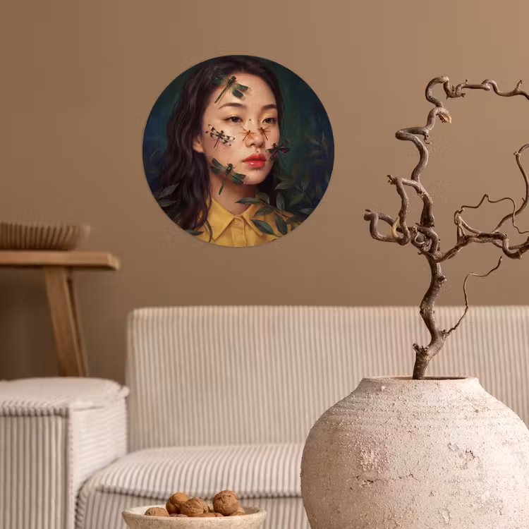 Vrouw - Insecten - Natuur - Portret - Groen Wandcirkel behangsticker klein -sfeer1