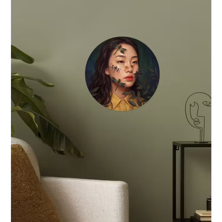 Vrouw - Insecten - Natuur - Portret - Groen Wandcirkel behangsticker klein -sfeer2