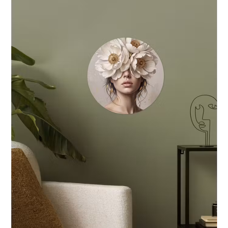 Vrouw - Pioenroos - Wit Wandcirkel behangsticker klein -sfeer2