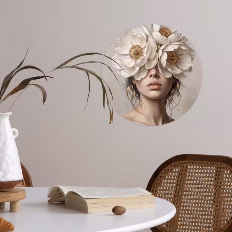 Vrouw - Pioenroos - Wit Wandcirkel behangsticker klein -sfeer3