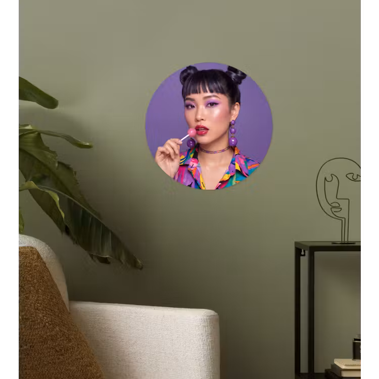 Vrouw - Portret - Make-up - Paars - Levendig Wandcirkel behangsticker klein -sfeer2