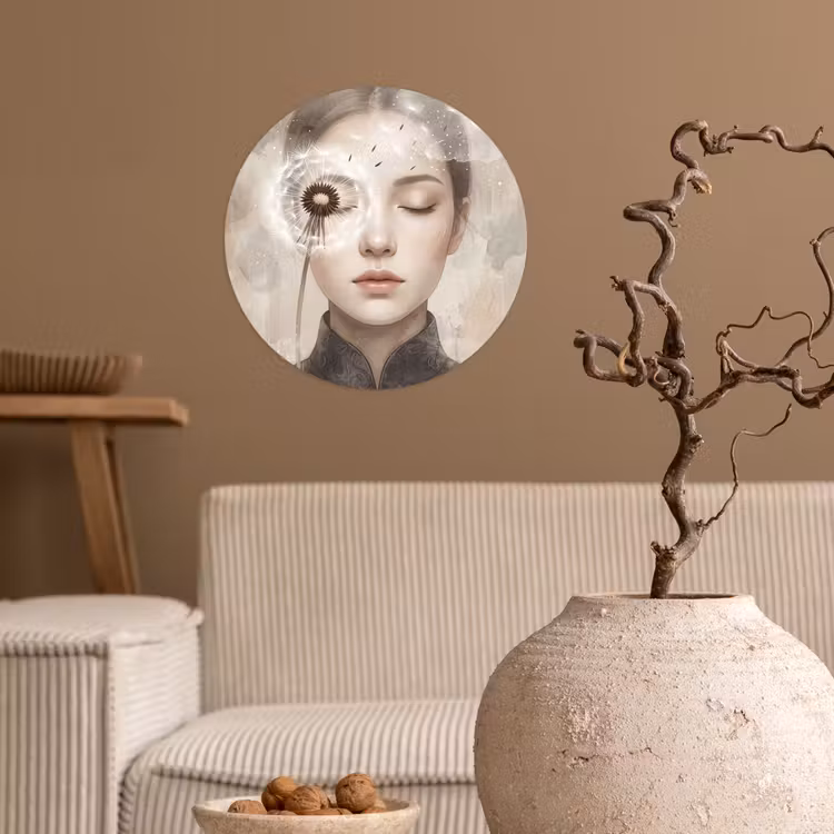 Vrouw - Sereen - Grijs Wandcirkel behangsticker klein -sfeer1