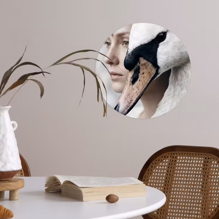 Vrouw - Zwaan - Wit Wandcirkel behangsticker klein -sfeer3