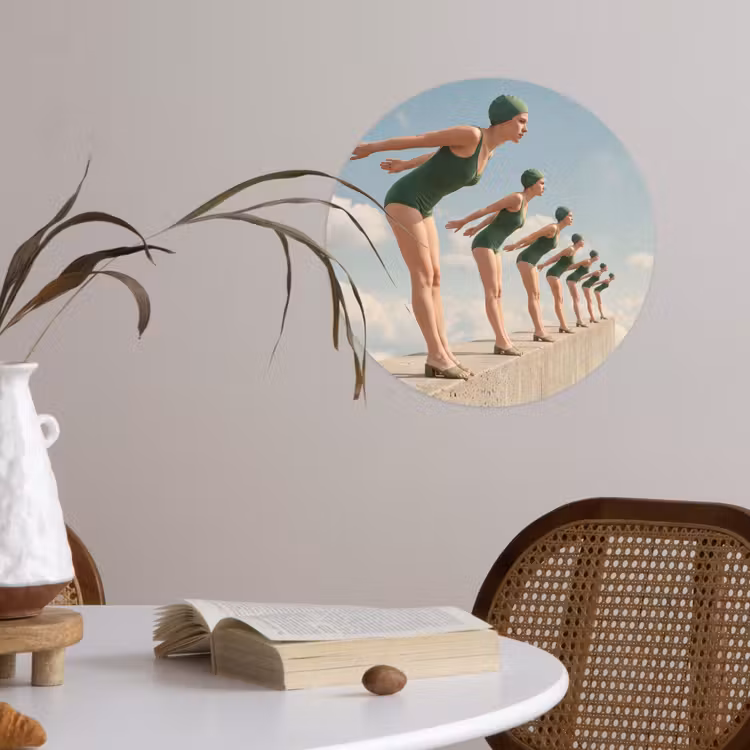 Wallpaper Circle - Women - Diving Pose - Clouds - Vrouwen - Duikhouding - Wolken Wandcirkel behangsticker klein